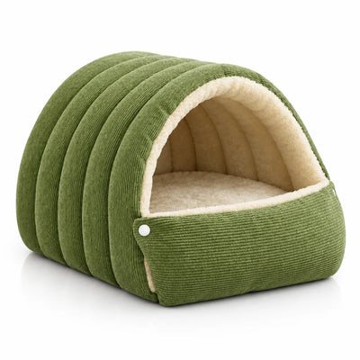 Green corduroy 2-in-1 pet cave with an arched dome roof and cream sherpa lining, shown on a white background with the front flap folded down and fastened by a small white button.