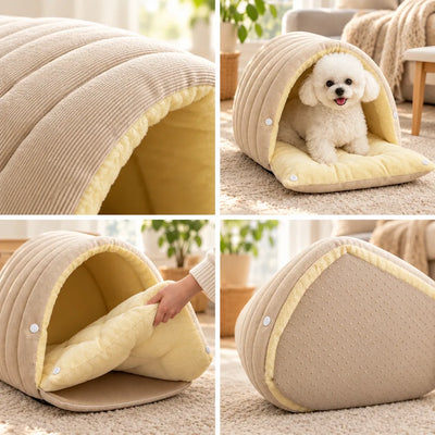 Four-panel grid showing a beige ribbed 2-in-1 pet cave with a domed roof: a close-up of the arched opening lined in pale yellow plush, a small white curly-coated dog sitting inside on the extended cushion, a hand lifting the soft yellow mat out from under the dome, and a rear view of the dome with its textured non-slip base, all on a cream rug in a sunlit living room.