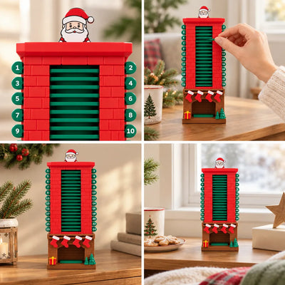 Four-panel view of the Santa in the Chimney advent calendar: a close-up of the red brick tower with green numbered tabs 1 to 10 and Santa's head peeking over the top, a hand pulling out one of the 24 numbered tabs, and two styled shots of the calendar standing on a wooden table beside pine sprigs, a mug and gingerbread cookies, with little stockings, a gift and green trees at its fireplace base.