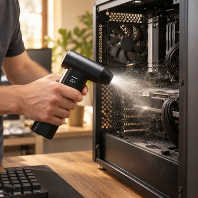 A person holds a black cordless air duster with a lit 100% display and blasts a visible cloud of dust out of an open desktop PC case, with the fan, graphics card and cables inside the case covered in debris on a wooden desk.