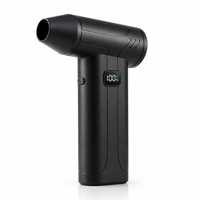 Black cordless air duster standing upright on a white background, its angled nozzle pointing up and a small digital display on the handle reading 100%, with a power button beside it.