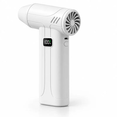 White cordless air duster standing upright at an angle on a plain white background, its turbine fan visible in the nozzle and a small digital display on the handle reading 100% beside the power button and USB-C charging port.