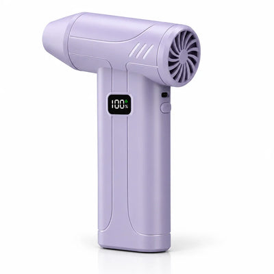 Lavender purple cordless air duster standing upright against a white background, with its turbine nozzle angled to the right, a small black screen on the grip showing 100% battery, and a power button beside it.