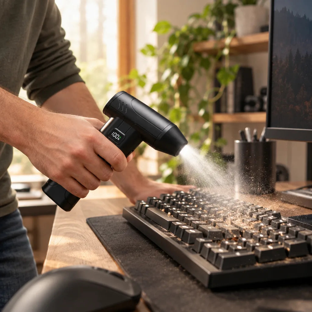A person holds a black cordless air duster with a glowing digital display and built-in LED light, blasting a jet of air that lifts crumbs and dust off a mechanical keyboard on a wooden desk beside a monitor and a plant-filled shelf.