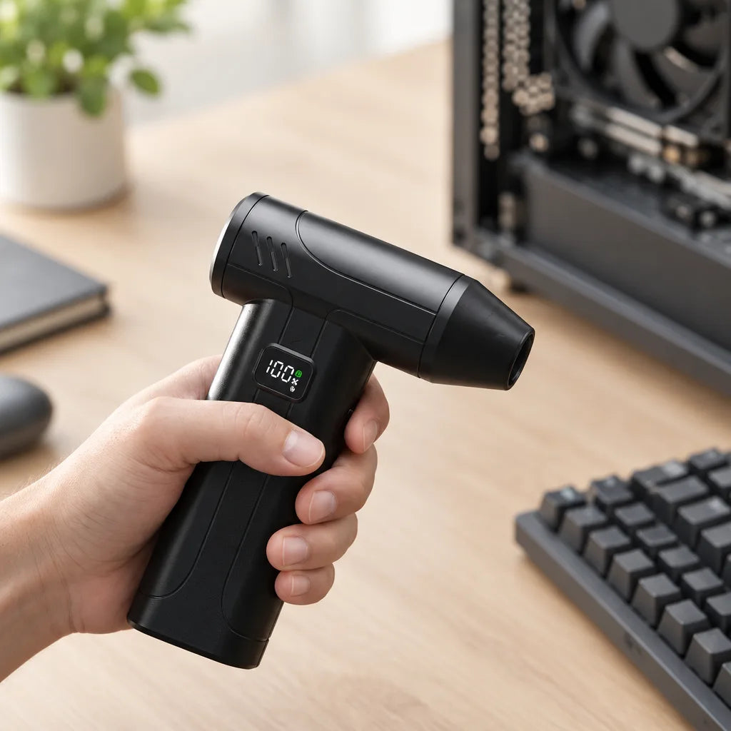 A hand holds the black cordless air duster above a light wood desk, its digital display reading 100%, with an open computer case and a mechanical keyboard nearby.