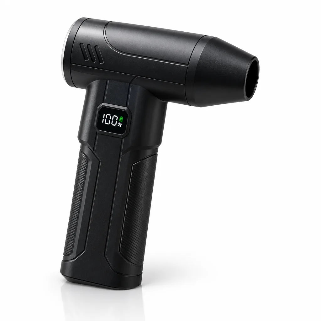 A black cordless air duster standing upright against a white background, with a wide conical nozzle, a ribbed pistol grip, and a small digital display reading 100% beside a green battery icon.