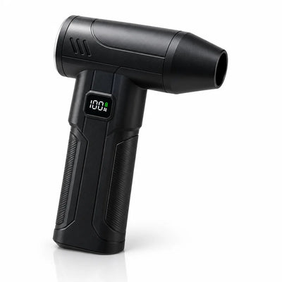 A black cordless air duster standing upright against a white background, with a wide conical nozzle, a ribbed pistol grip, and a small digital display reading 100% beside a green battery icon.