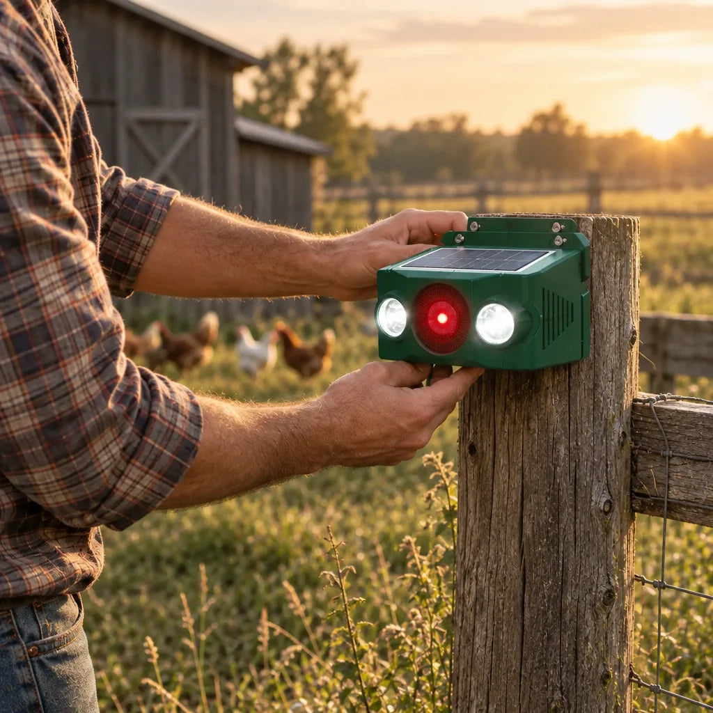 A man in a plaid shirt mounts a green Animal Repellent solar-powered alarm with a glowing red light and two bright LED lamps onto a weathered wooden fence post, with chickens grazing in the field and a barn behind him at sunset.
