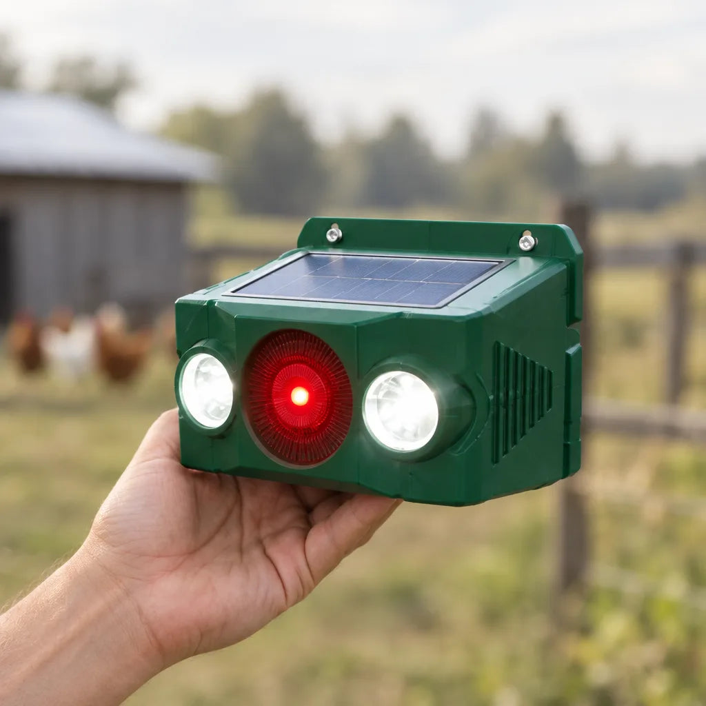 A hand holds up a green Animal Repellent Solar-Powered Alarm & LED Lights unit with a solar panel on top, two glowing white lamps and a red light in the centre, with a barn, fence and chickens blurred in the sunny field behind.