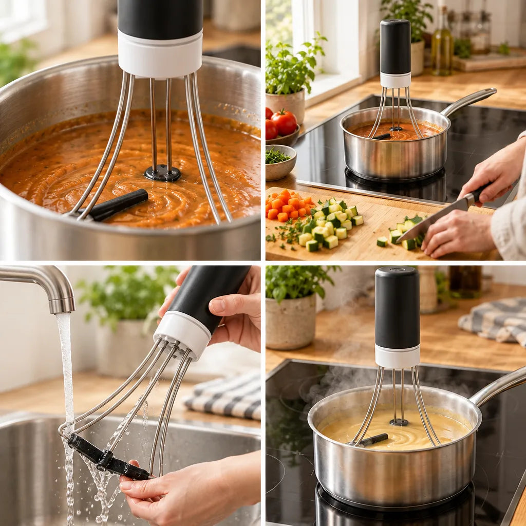 Four-panel grid showing the Automatischer Topfrührer in use: stirring a pot of orange tomato sauce with its wire legs, running on its own in a saucepan on an induction hob while someone chops courgette and carrots nearby, being rinsed under a tap with the stirring attachment detached, and standing in a steaming pan of pale yellow sauce.