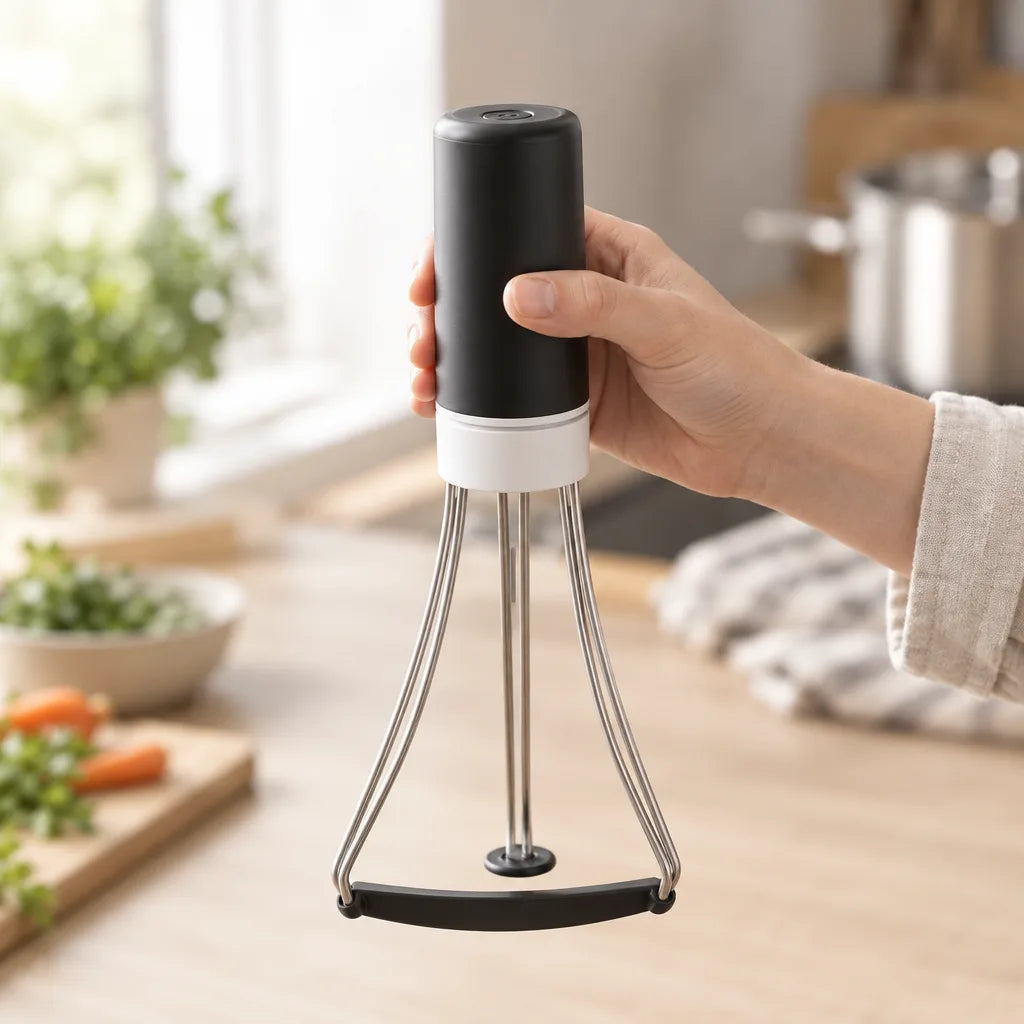 A hand holds the black automatic pot stirrer above a wooden kitchen counter, its white collar and curved stainless steel legs with a black stirring bar hanging below, with potted herbs, a bowl of greens and a saucepan blurred in the background.