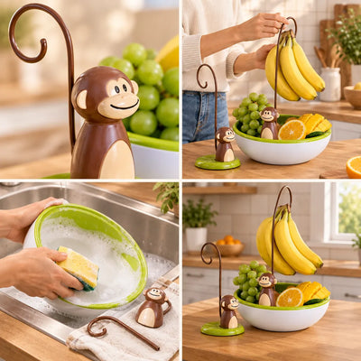 Four-panel grid showing a brown monkey banana hanger with a curved metal hook and green base: a close-up of the smiling monkey figure beside green grapes, a hand hooking a bunch of bananas onto the stand set in a white and green fruit bowl, hands washing the bowl in a sink with a sponge while the hook and monkey piece sit disassembled on a towel, and the assembled set on a wooden counter holding bananas, grapes, orange slices and mango.