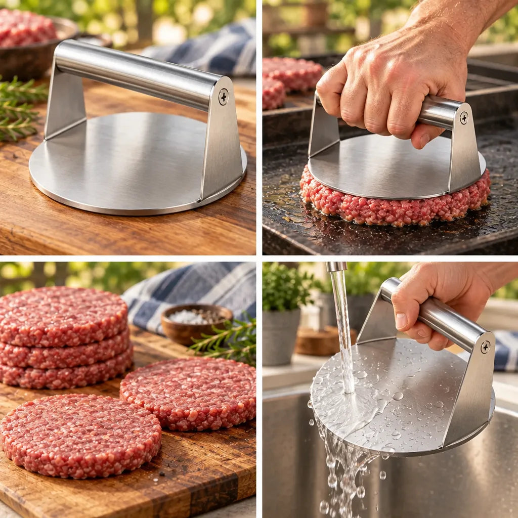 Four-panel grid showing a stainless steel burger press: the press resting on a wooden board, a hand using it to flatten ground beef on a hot griddle, a stack of evenly shaped raw patties on a cutting board, and the press being rinsed under running water in a sink.