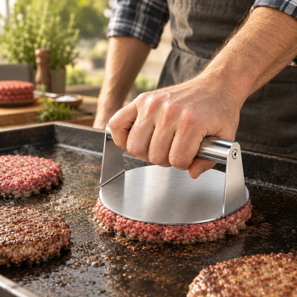 A man in a plaid shirt and dark apron presses a round stainless steel burger press down onto a raw beef patty on a hot griddle, with two more patties sizzling nearby and herbs and a pepper mill blurred in the background.
