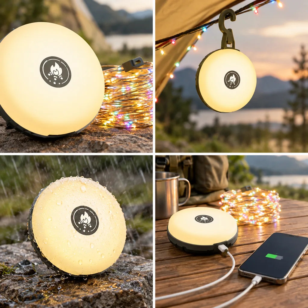 Four-panel grid showing the camping lamp with RGB string lights in use outdoors: the round lamp glowing warm white beside a coiled strand of colourful fairy lights on a rock, clipped by its hook to a tent guy line at sunset, beaded with water while still lit in the rain, and sitting flat on a picnic table charging a phone through a white cable beside a metal mug and backpack.