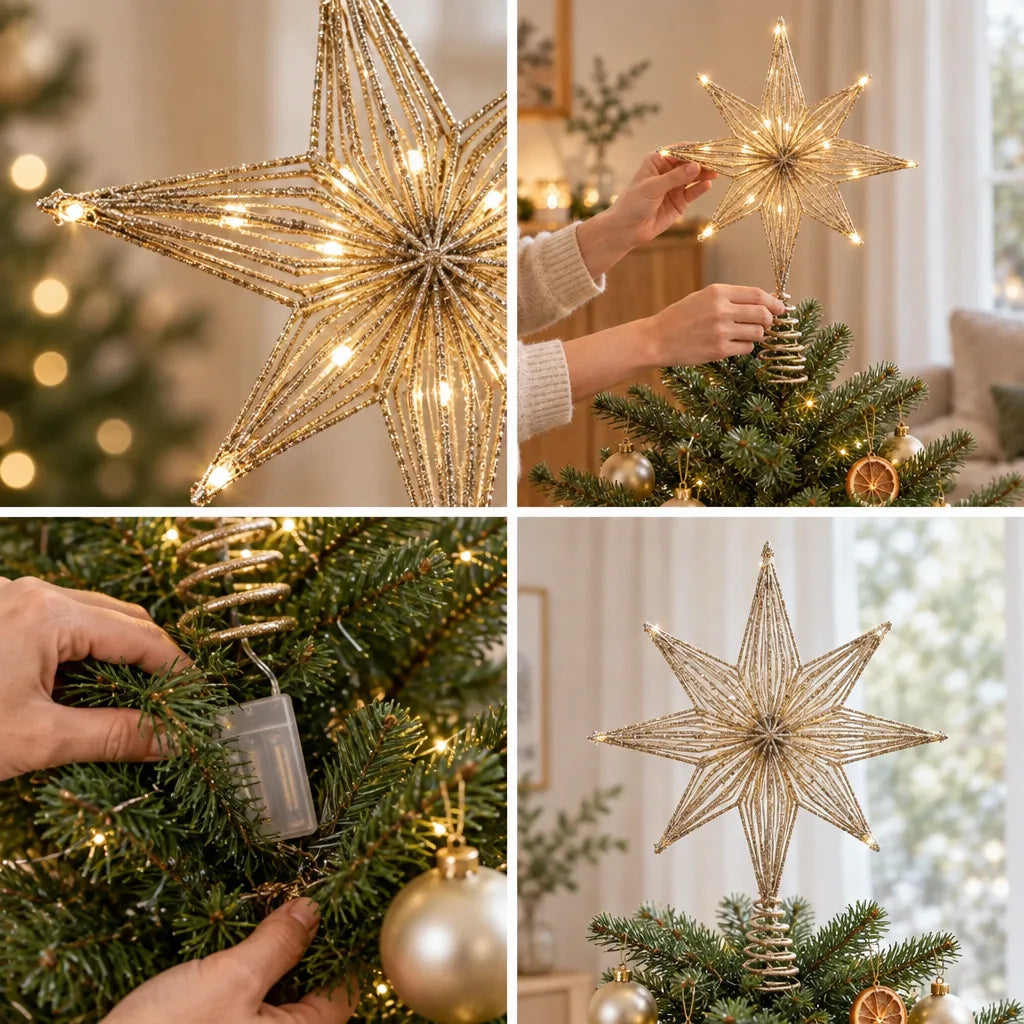 Four-panel sequence showing the Christbaumspitze Stern mit LED: a close-up of the glittering gold wire star with warm lights, hands fitting it onto the top of a Christmas tree by its gold coil, hands tucking the battery box in among the branches, and the finished star glowing above the tree with gold baubles below.