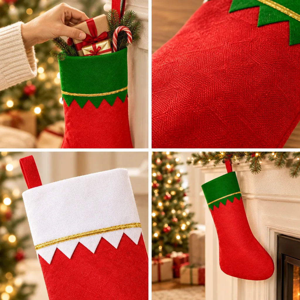 Four-panel grid showing a red felt Christmas Stocking with gold-edged wave trim: a hand tucking a wrapped gift and candy cane into the green-cuffed opening, a close-up of the woven red fabric and zigzag edge, a white-cuffed version with gold ribbon and pointed trim, and the finished stocking hanging from a white mantel beside a lit tree and presents.