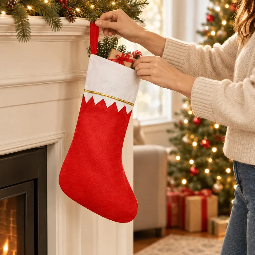 A woman in a cream knit sweater tucks a small wrapped gift and candy cane into a red Christmas stocking with a white cuff and gold-edged zigzag trim, hanging from a white mantel with a lit tree and presents behind her.