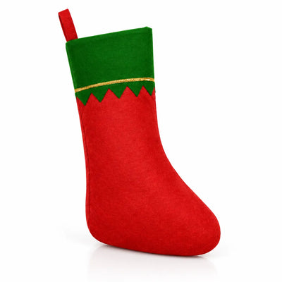 Red felt Christmas Stocking with a green cuff edged in gold trim and a zigzag wave border, standing upright against a plain white background