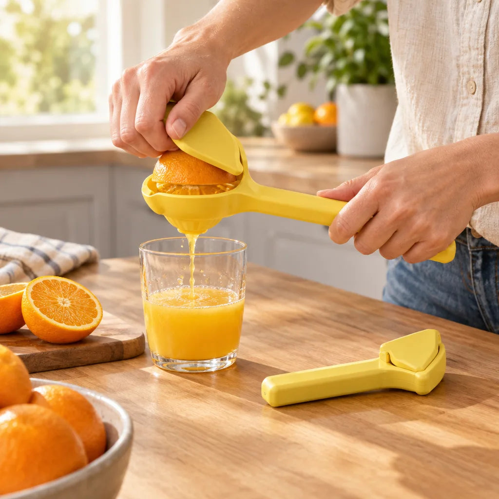 A person squeezes half an orange in a yellow citrus juicer over a glass of fresh juice on a wooden kitchen counter, with a second juicer folded flat beside it and whole oranges nearby.