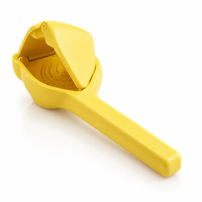Yellow citrus juicer shown open at an angle on a white background, with its hinged top lifted to reveal the perforated strainer bowl and long tapered handle.