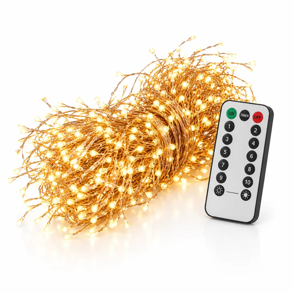 A bundled coil of the Cluster LED fairy lights glowing warm white on copper wire, lying on a white background beside a black and white remote control with on, timer, off and numbered brightness buttons.