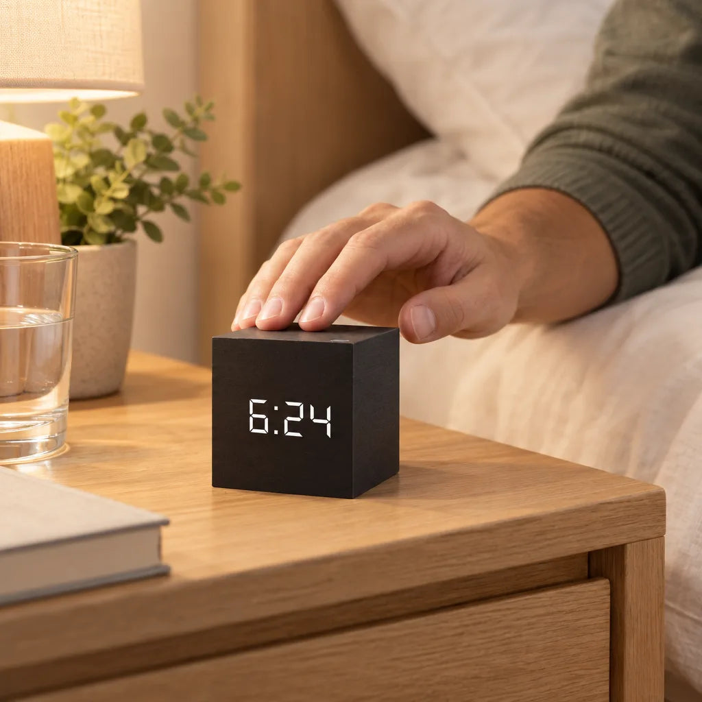 A hand reaches down to tap the top of a black cube-shaped digital LED alarm clock showing 6:24 in white digits, sitting on a wooden nightstand beside a lamp, a potted plant, a glass of water and a book, with a white-bedded bed behind it.
