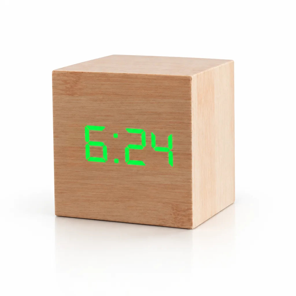 Cube-shaped digital LED alarm clock in light wood, showing the time 6:24 in bright green digits on a plain white background.