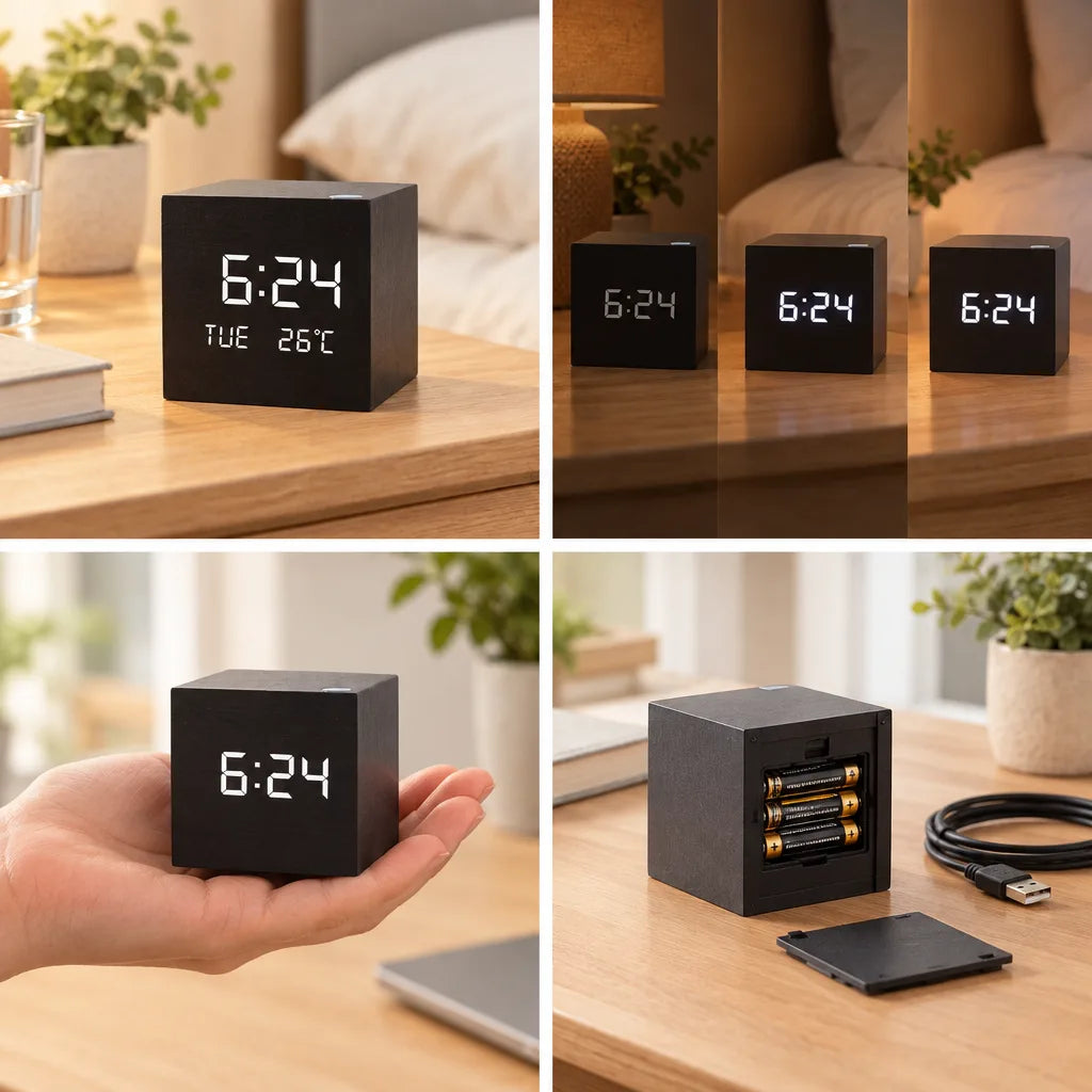 Four-panel grid showing the Digital LED Alarm Clock, a small black cube with a white display reading 6:24: on a bedside table with the day and 26°C shown, in three bedroom views from different angles, held in an open palm to show its size, and standing on a desk with its battery compartment open on three AA batteries beside the removed cover and a black USB cable.