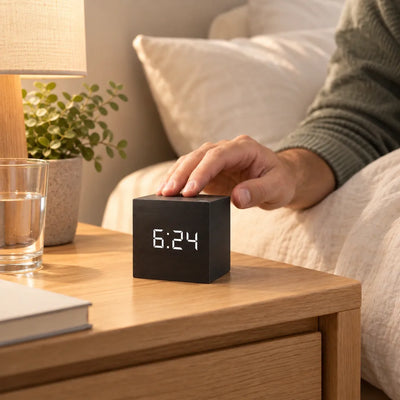 A hand reaches down to tap the top of a black cube-shaped digital LED alarm clock showing 6:24 in white numerals, sitting on an oak nightstand beside a lamp, a potted plant, a glass of water and a book, with a bed and pillows in the background.