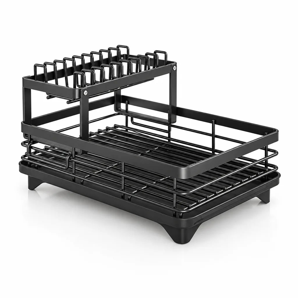 Black two-tier Dish Drying Rack shown at an angle on a plain white background, with a wire upper shelf of curved plate slots, a slatted lower basket, a side cutlery holder and a raised drip tray on short feet.