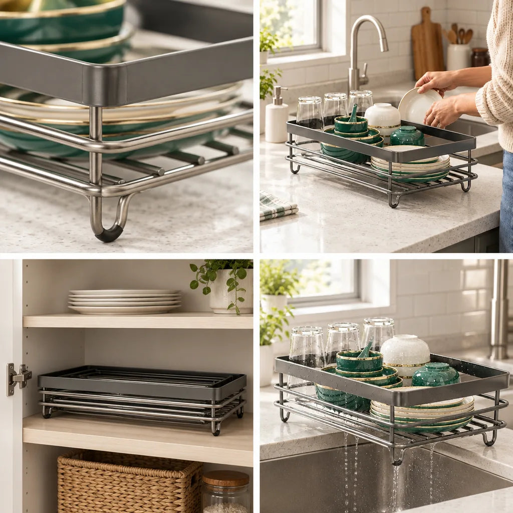 Four-panel grid showing a gray metal dish drying rack: a close-up of its rounded corner and rubber-tipped foot on a speckled countertop, the rack holding glasses and green-and-gold bowls and plates while a woman rinses a dish at the sink, the same rack folded flat and stored on a cabinet shelf, and the loaded rack set at the counter's edge draining water into the sink below.