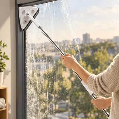 A woman in a cream knit sweater uses a triangular window cleaner with telescopic pole to wash a tall window streaked with water, with treetops and a city skyline visible through the glass and a potted plant on the windowsill behind her.