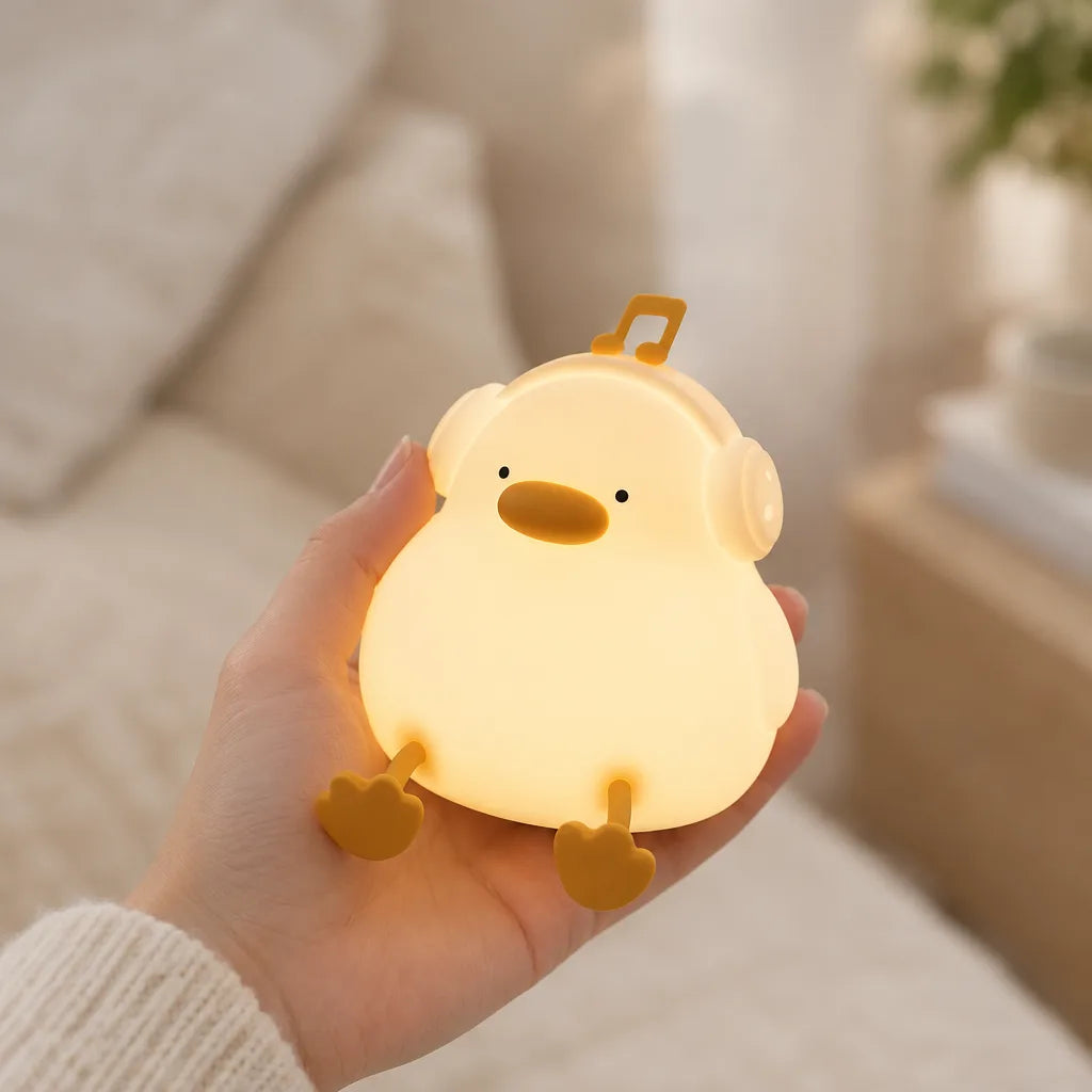 A hand holds a small glowing duck night light shaped like a chubby duck wearing headphones with a music note on top, its warm yellow light casting a soft glow against a blurred bed and cushions in the background.