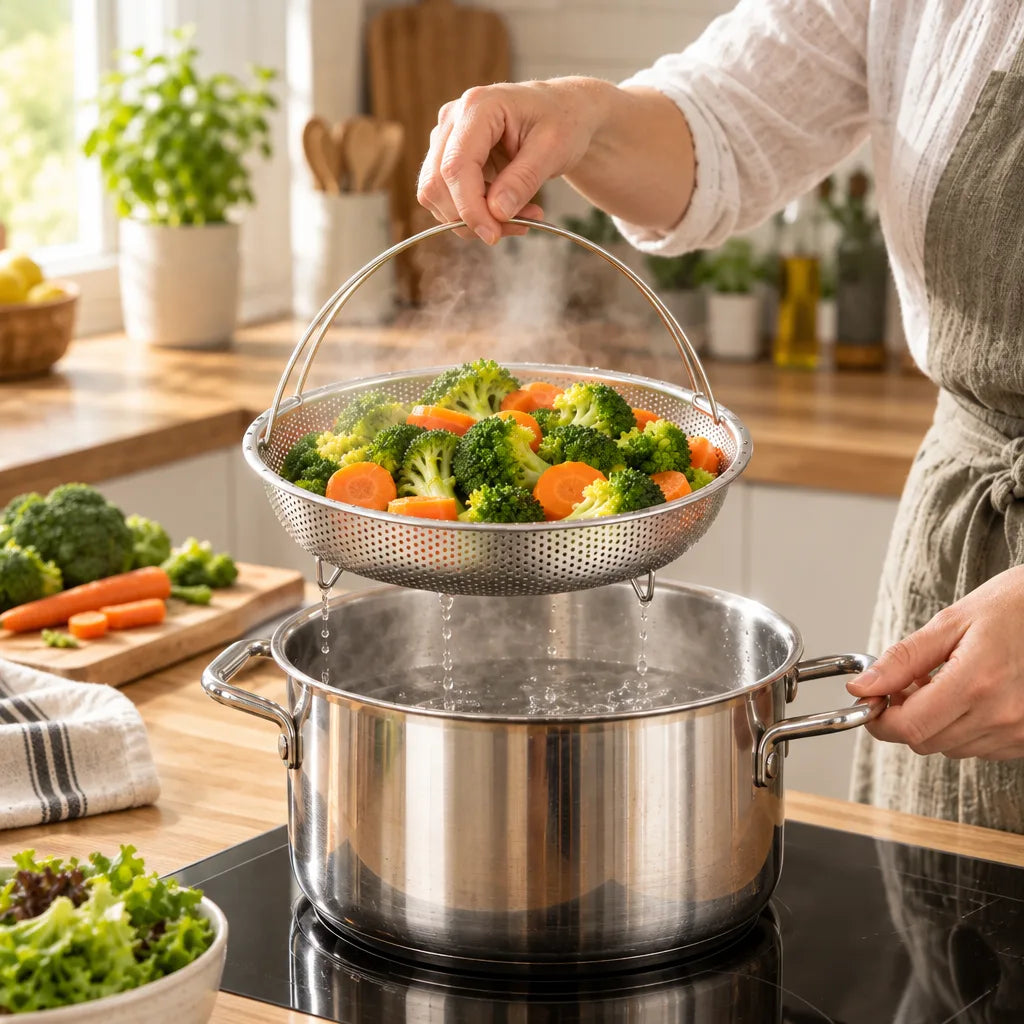 A person lifts the stainless steel steamer insert by its folding handle out of a pot of boiling water on a kitchen counter, revealing steaming broccoli and carrot slices inside as water drips back into the pot.