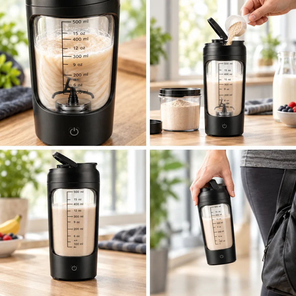 Four-panel grid showing the electric protein shaker in use: a close-up of the mixing blade whipping a creamy shake behind the 500 ml measuring scale, a hand tipping a scoop of powder in from the separate powder container on a kitchen counter, the closed black bottle standing on the worktop beside fruit, and a hand carrying it next to a backpack.