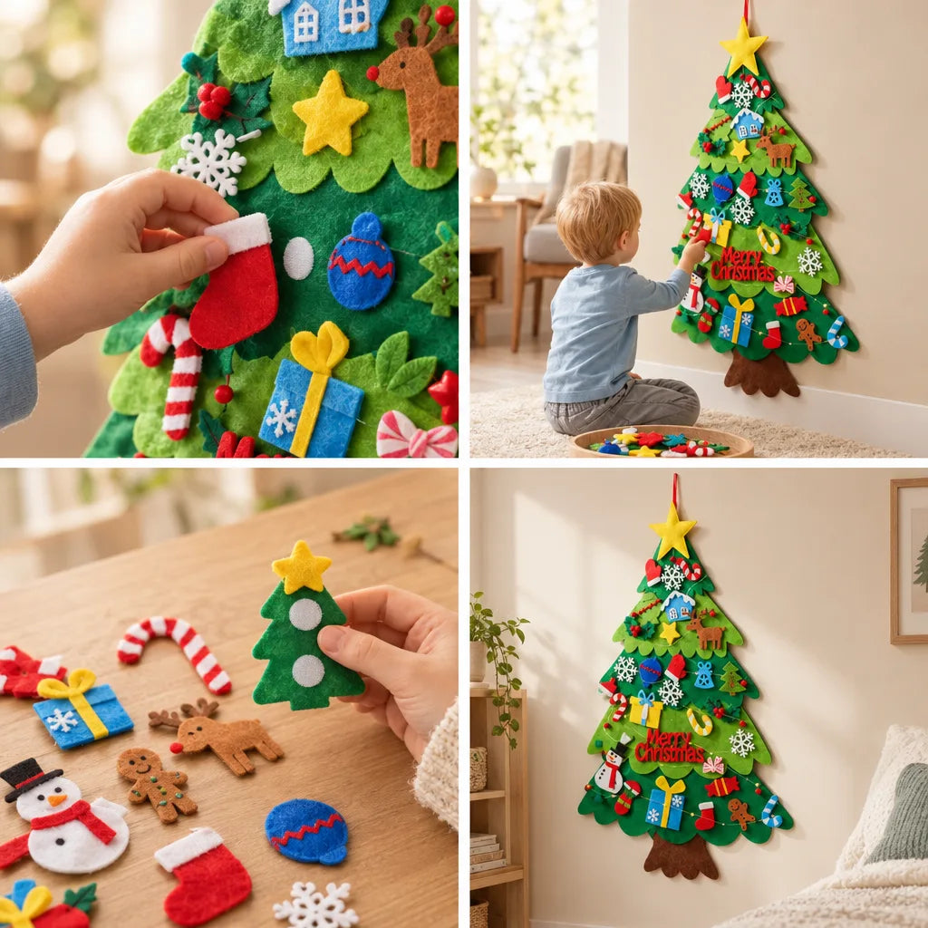 Four-panel grid showing a Felt Christmas Tree for Kids in use: a hand pressing a red felt stocking onto the tree, a young child kneeling on a rug to attach ornaments to the wall-hung tree, loose felt pieces like a snowman, gingerbread man, candy cane and reindeer spread on a wooden table, and the finished green tree with a yellow star and Merry Christmas lettering hanging on a sunlit living room wall.