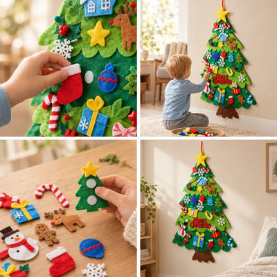 Four-panel grid showing a Felt Christmas Tree for Kids in use: a hand pressing a red felt stocking onto the tree, a young child kneeling on a rug to attach ornaments to the wall-hung tree, loose felt pieces like a snowman, gingerbread man, candy cane and reindeer spread on a wooden table, and the finished green tree with a yellow star and Merry Christmas lettering hanging on a sunlit living room wall.
