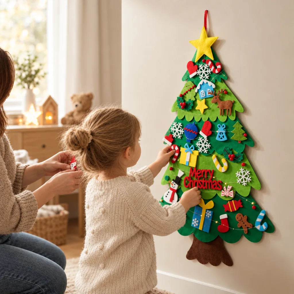 A young girl and an adult kneel beside a sunlit wall, attaching felt ornaments to a wall-hanging Felt Christmas Tree for Kids decorated with snowflakes, a reindeer, a snowman, candy canes, gift boxes and a Merry Christmas banner under a yellow star.