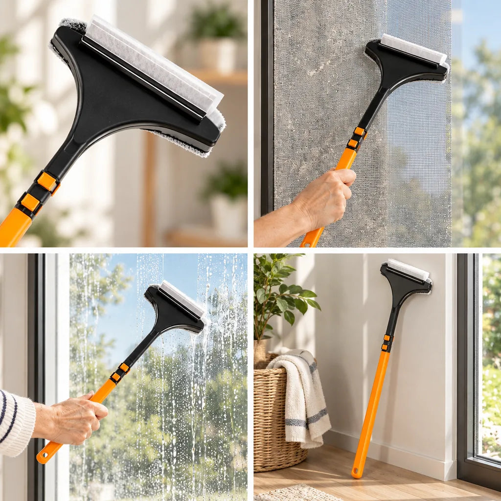 Four-panel view of a 2-in-1 window cleaning brush with rubber squeegee: a close-up of the black head with its white scrubbing pad and blade, a hand running it over a dusty window screen, a hand pulling water down a rain-streaked pane, and the orange extendable pole leaning against a wall beside a plant and towel basket.