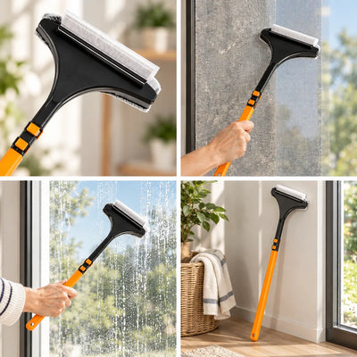 Four-panel view of a 2-in-1 window cleaning brush with rubber squeegee: a close-up of the black head with its white scrubbing pad and blade, a hand running it over a dusty window screen, a hand pulling water down a rain-streaked pane, and the orange extendable pole leaning against a wall beside a plant and towel basket.