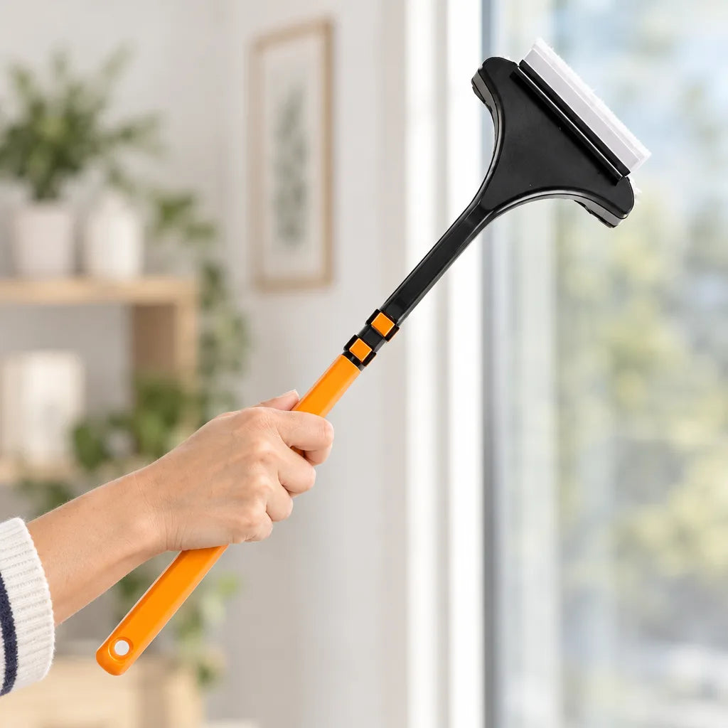 A hand holds the orange extendable handle of a 2-in-1 window cleaning brush with rubber squeegee up to a bright window, with potted plants and a framed picture blurred in the background.