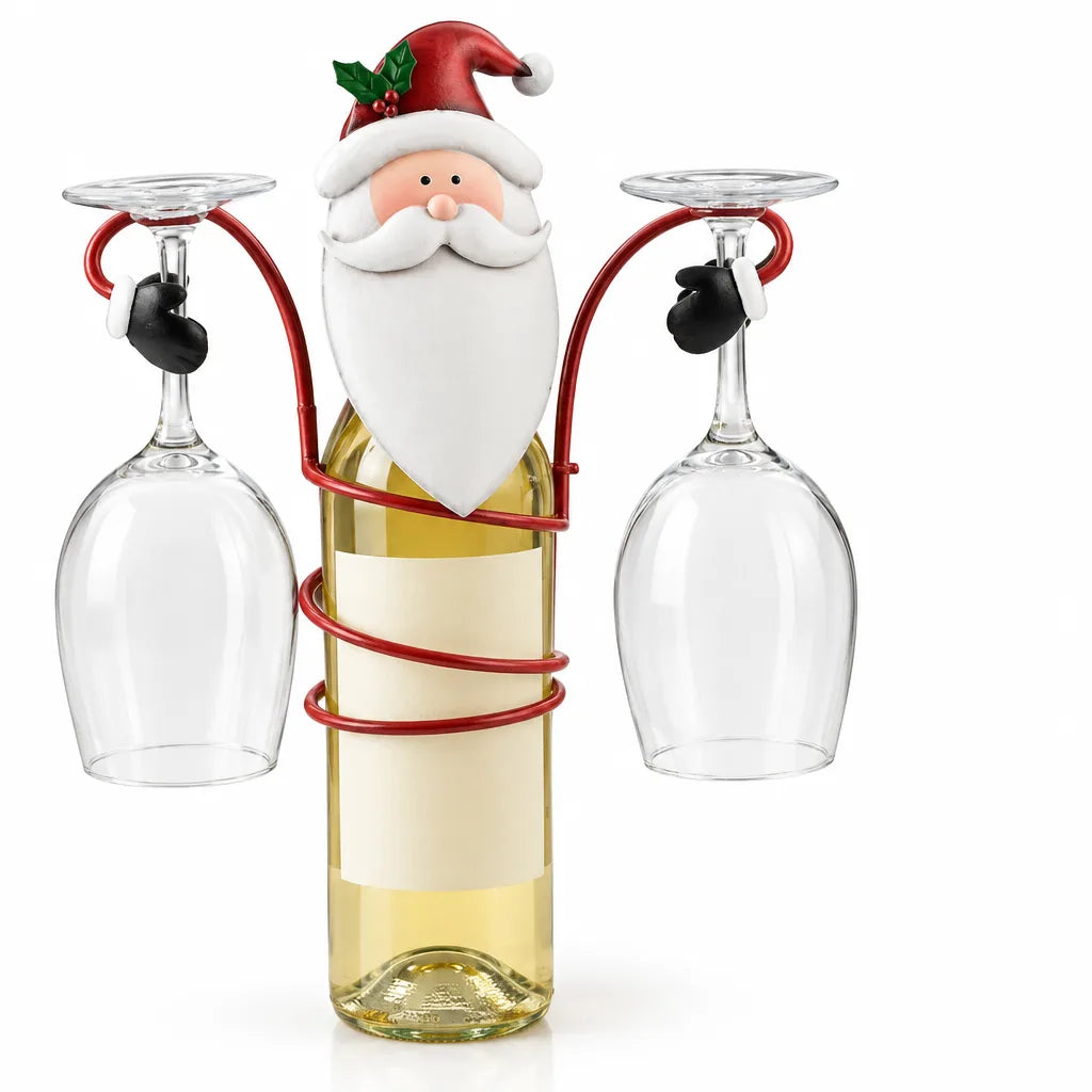 Red metal Santa bottle holder wrapped around a bottle of white wine, with the figure's gloved hands holding two upside-down wine glasses out to either side.