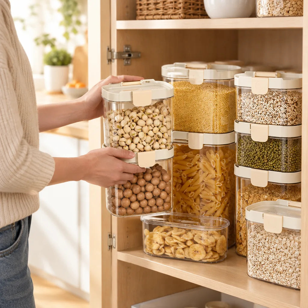 A person in a cream sweater lifts a clear food storage container of pistachios from a light wood pantry cupboard, where matching stackable containers hold pasta, couscous, mung beans, oats and dried banana chips behind cream snap-lock lids.