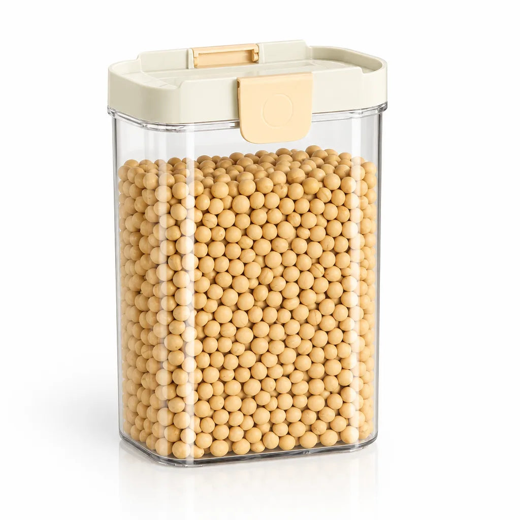 Large clear rectangular food storage container with a cream snap-lock lid, filled with dried soybeans and shown upright against a white background.