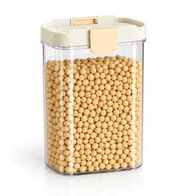 Large clear rectangular food storage container with a cream snap-lock lid, filled with dried soybeans and shown upright against a white background.