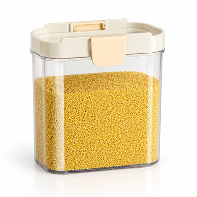A medium clear plastic Food Storage Container filled with yellow millet, topped with a cream snap-lock lid and flip latch, shown on a plain white background.