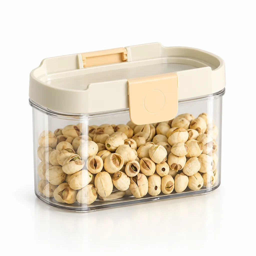 Small clear Food Storage Container filled with dried lotus seeds, topped with a cream snap-lock lid and a pale yellow latch, shown against a white background.