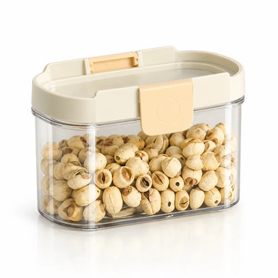 Small clear Food Storage Container filled with dried lotus seeds, topped with a cream snap-lock lid and a pale yellow latch, shown against a white background.