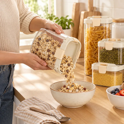 A woman tips a clear Food Storage Container with a snap-lock lid to pour muesli into a speckled ceramic bowl on a wooden kitchen counter, with matching stacked containers of pasta, mung beans and couscous beside a bowl of berries in the background.
